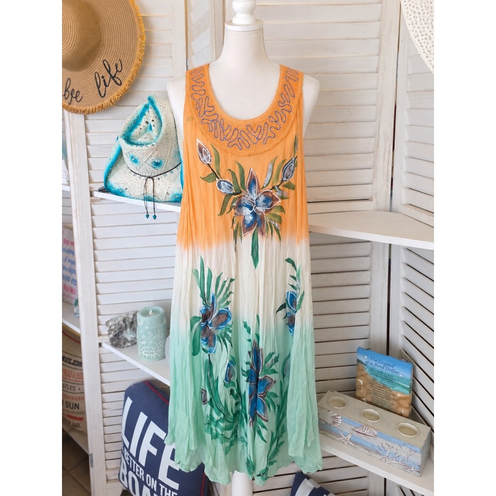 True Rock Floral Embroidered Ombre Midi Dress Free Size Orange Green Boho NWT